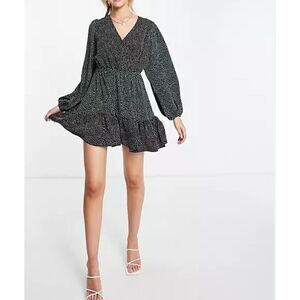 Girl In Mind Women Wrap Front Long Balloon Sleeve Polka Dot Tiered Dress Size 12